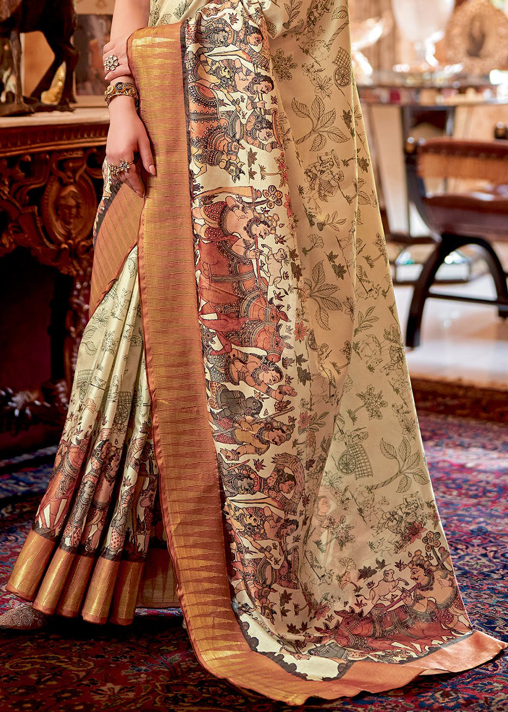 Dark Orange & White Printed Silk Saree