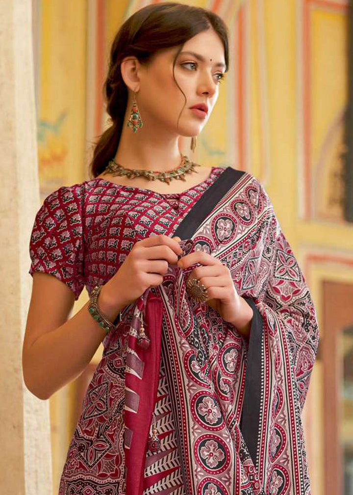 Black & Red Ajrakh Printed Satin Crepe Saree:Summer Collection