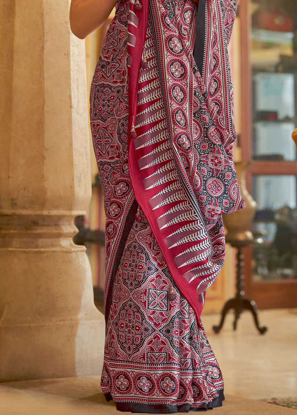 Black & Red Ajrakh Printed Satin Crepe Saree:Summer Collection