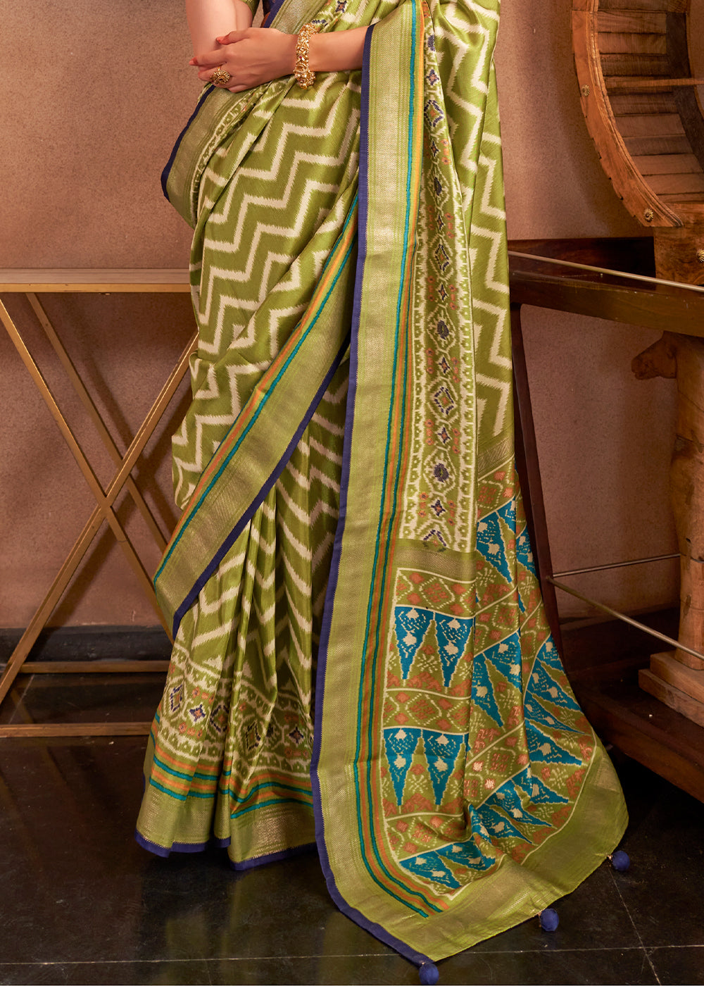 Venom Green Patola Printed Silk Saree with Contrast Blouse