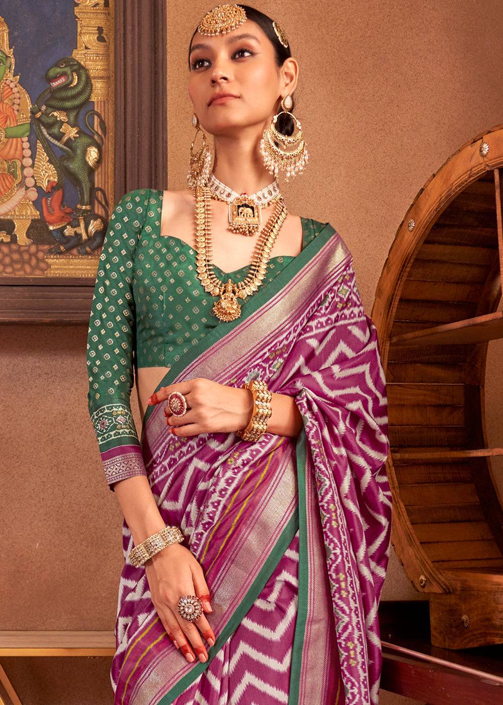 Shades Of Purple Patola Printed Silk Saree with Contrast Blouse