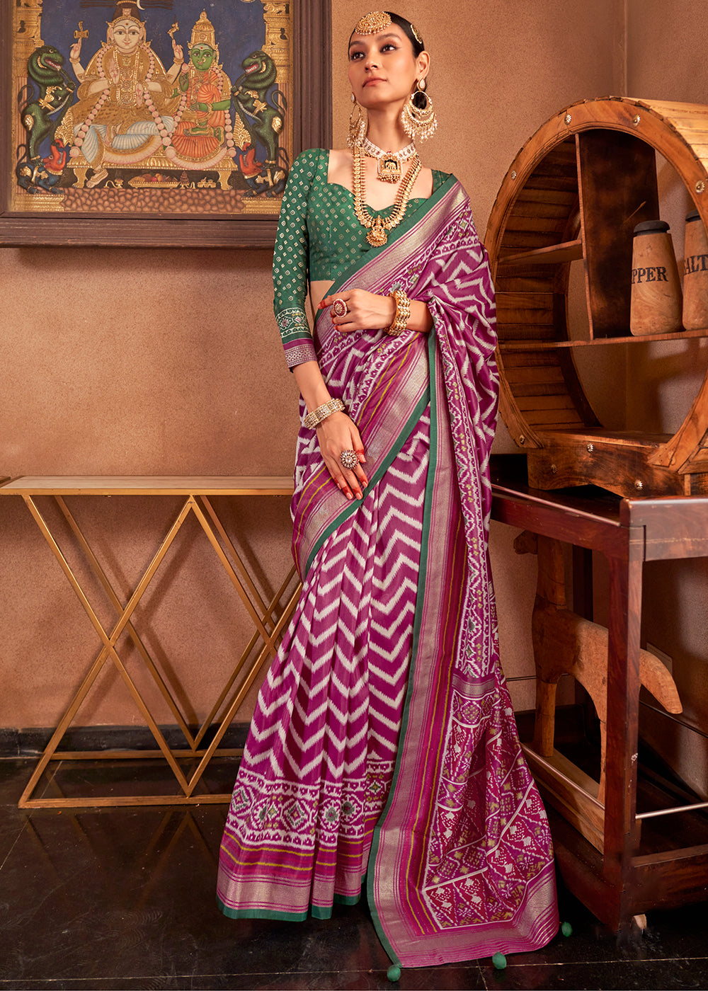 Shades Of Purple Patola Printed Silk Saree with Contrast Blouse