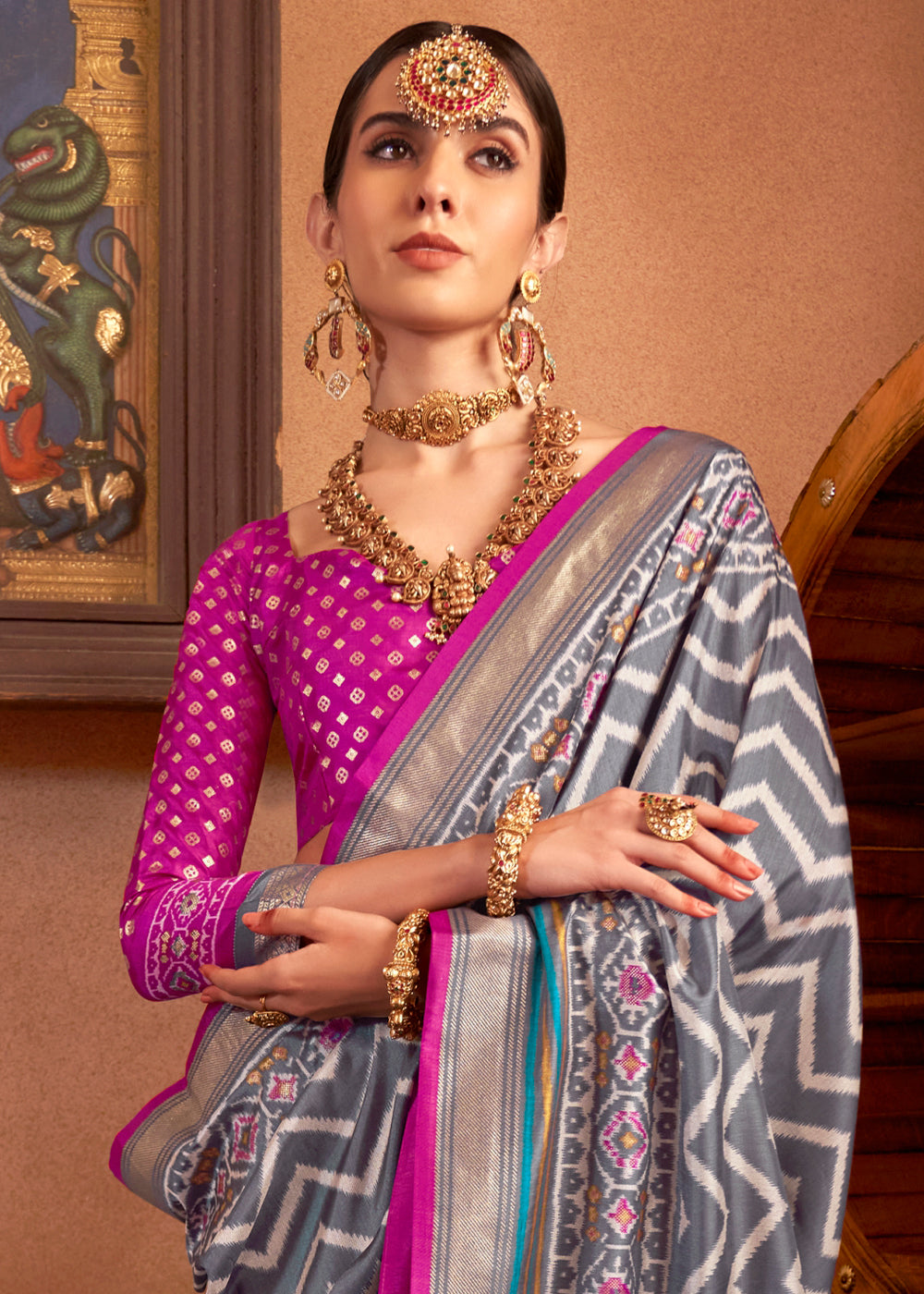 Steel Grey Patola Printed Silk Saree with Contrast Blouse