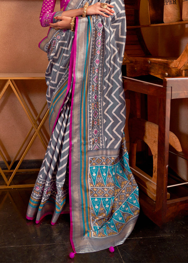 Steel Grey Patola Printed Silk Saree with Contrast Blouse