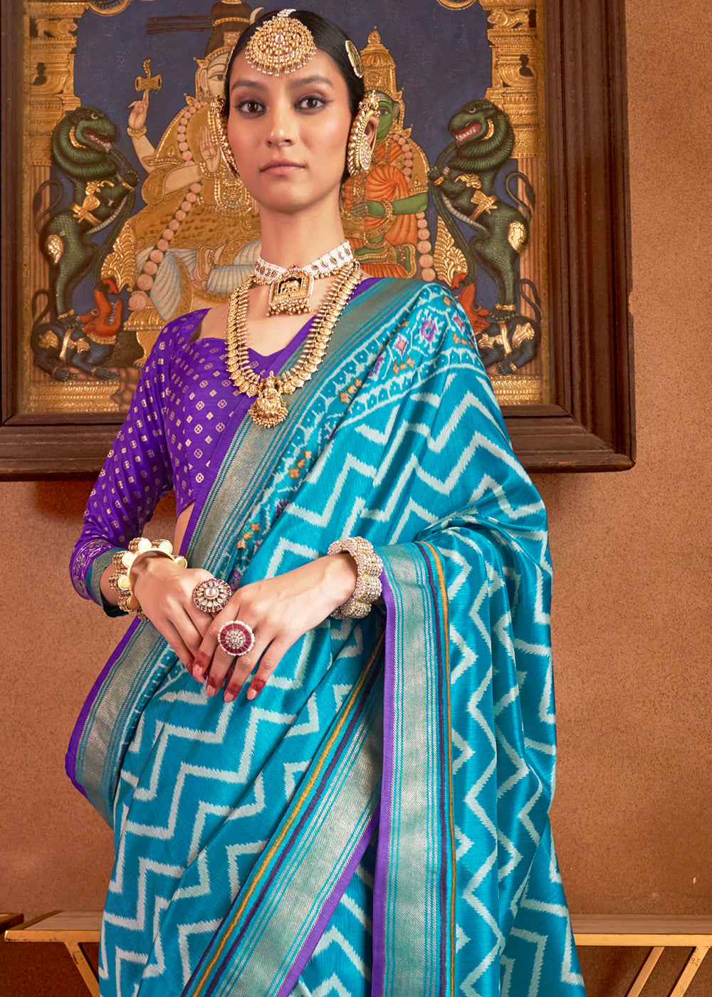 Cerulean Blue Patola Printed Silk Saree with Contrast Blouse