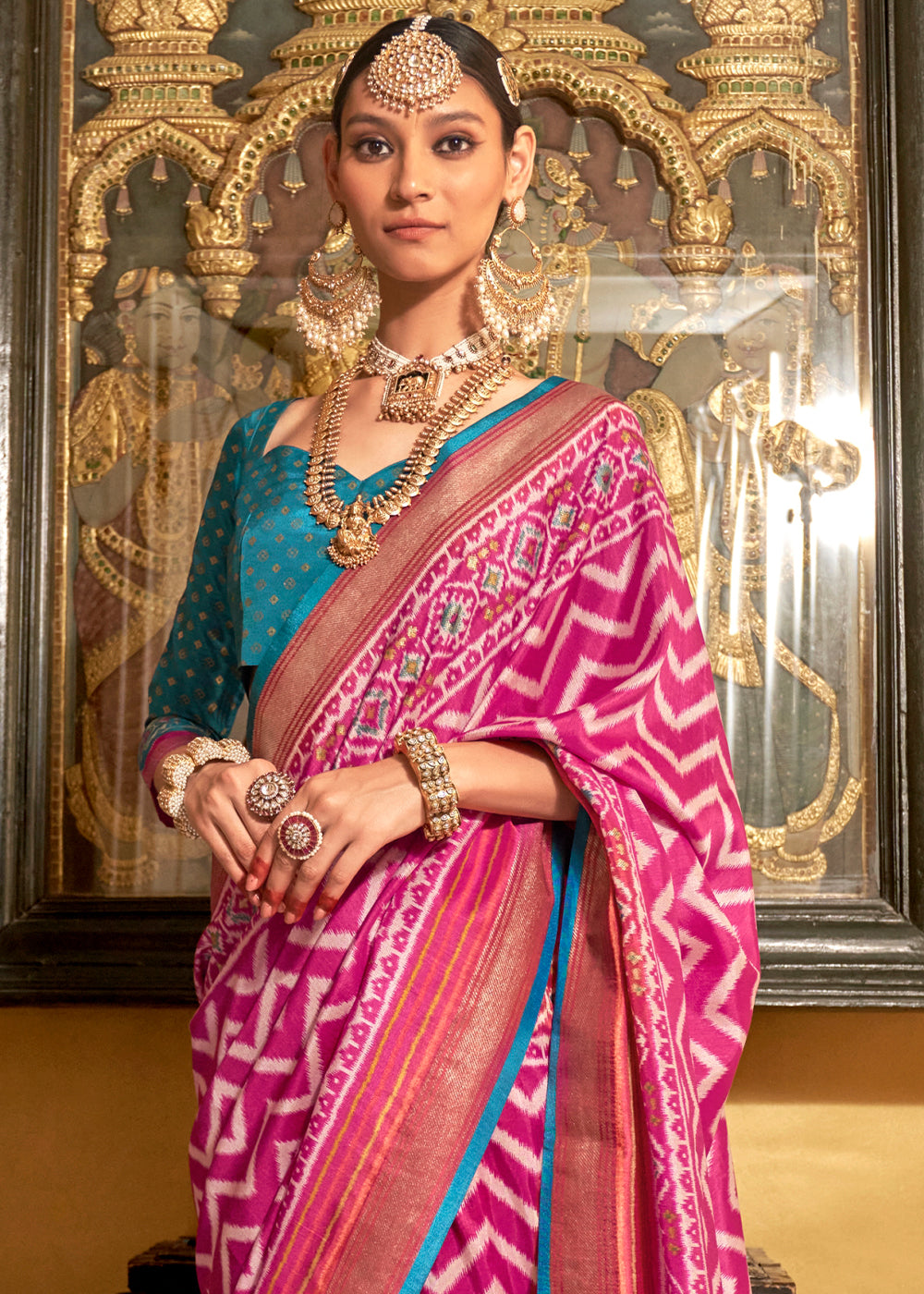 Magenta Pink Patola Printed Silk Saree with Contrast Blouse