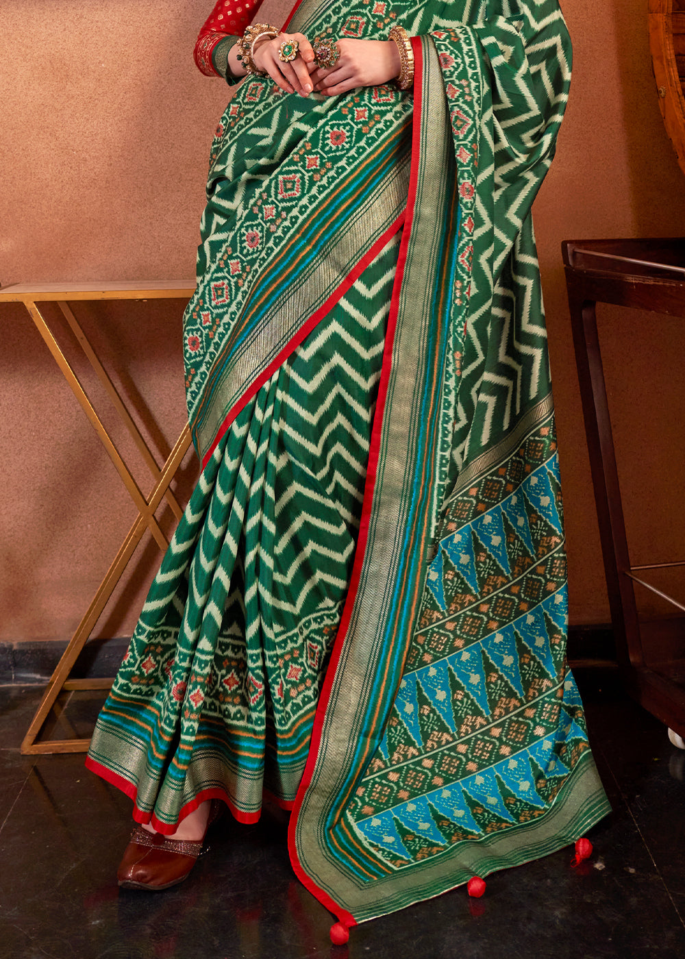 Dark Green Patola Printed Silk Saree with Contrast Blouse