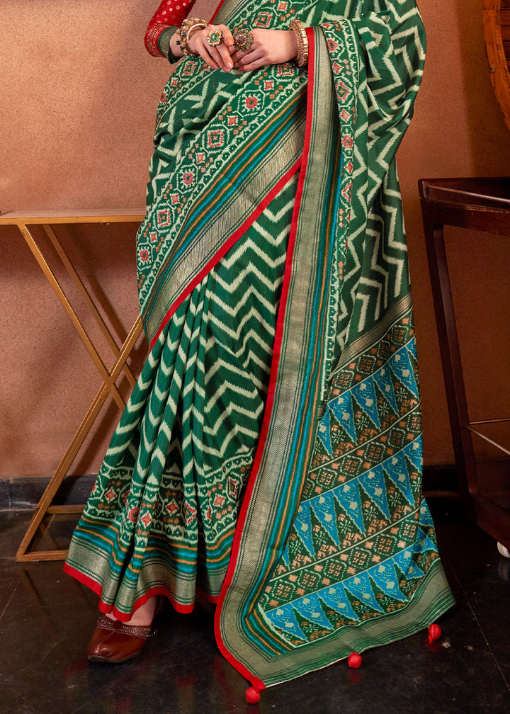 Dark Green Patola Printed Silk Saree with Contrast Blouse