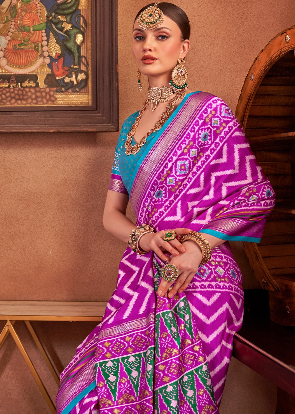 Fandango Purple Patola Printed Silk Saree with Contrast Blouse