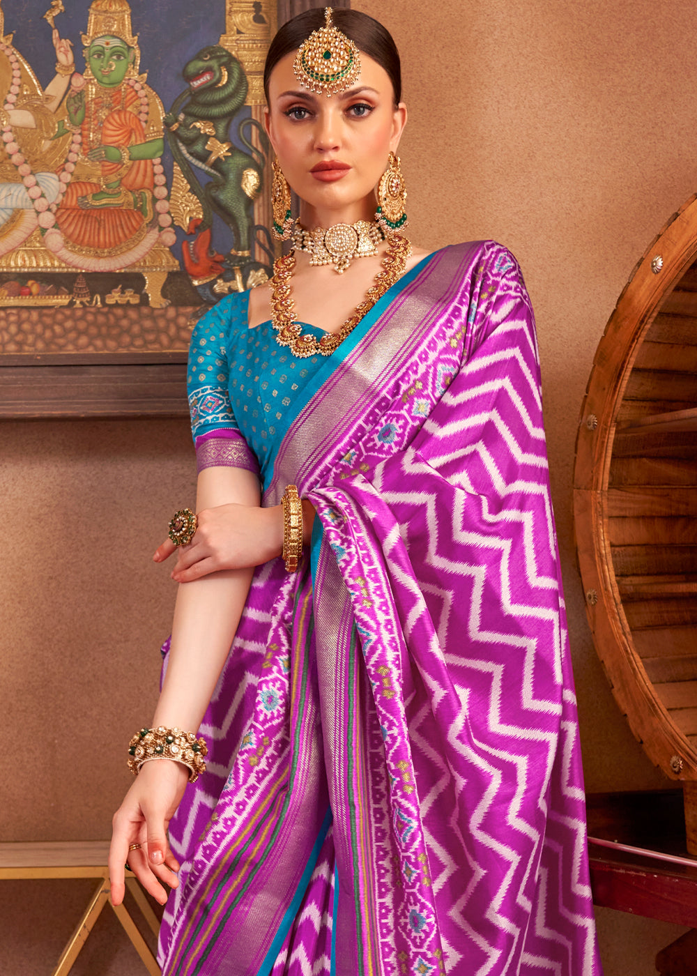 Fandango Purple Patola Printed Silk Saree with Contrast Blouse