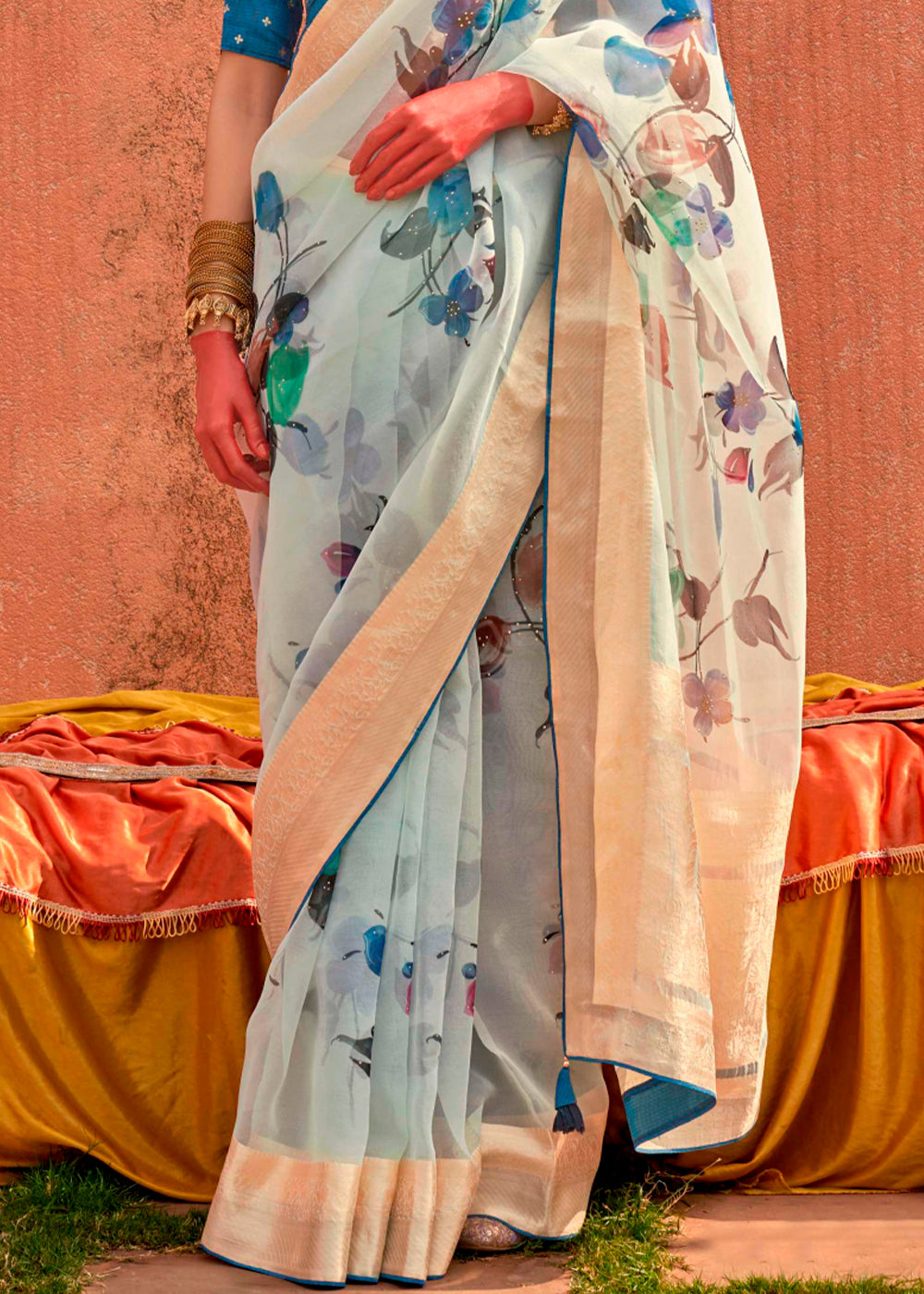 Powder Blue Floral Printed Designer Organza Silk Saree