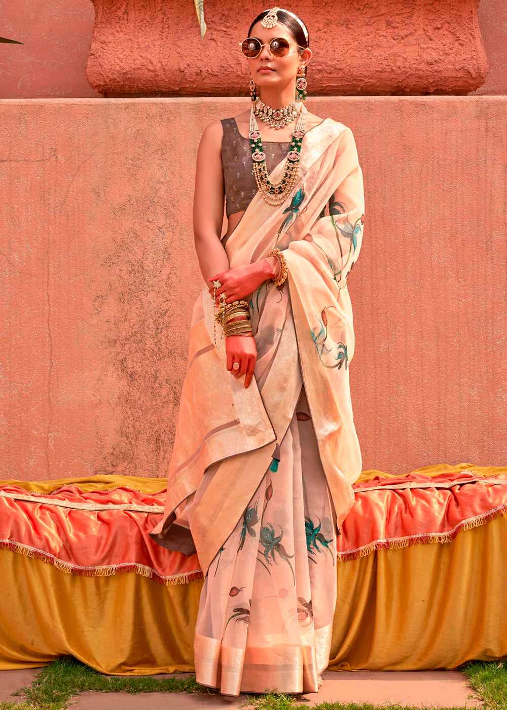 Beige Brown Floral Printed Designer Organza Silk Saree