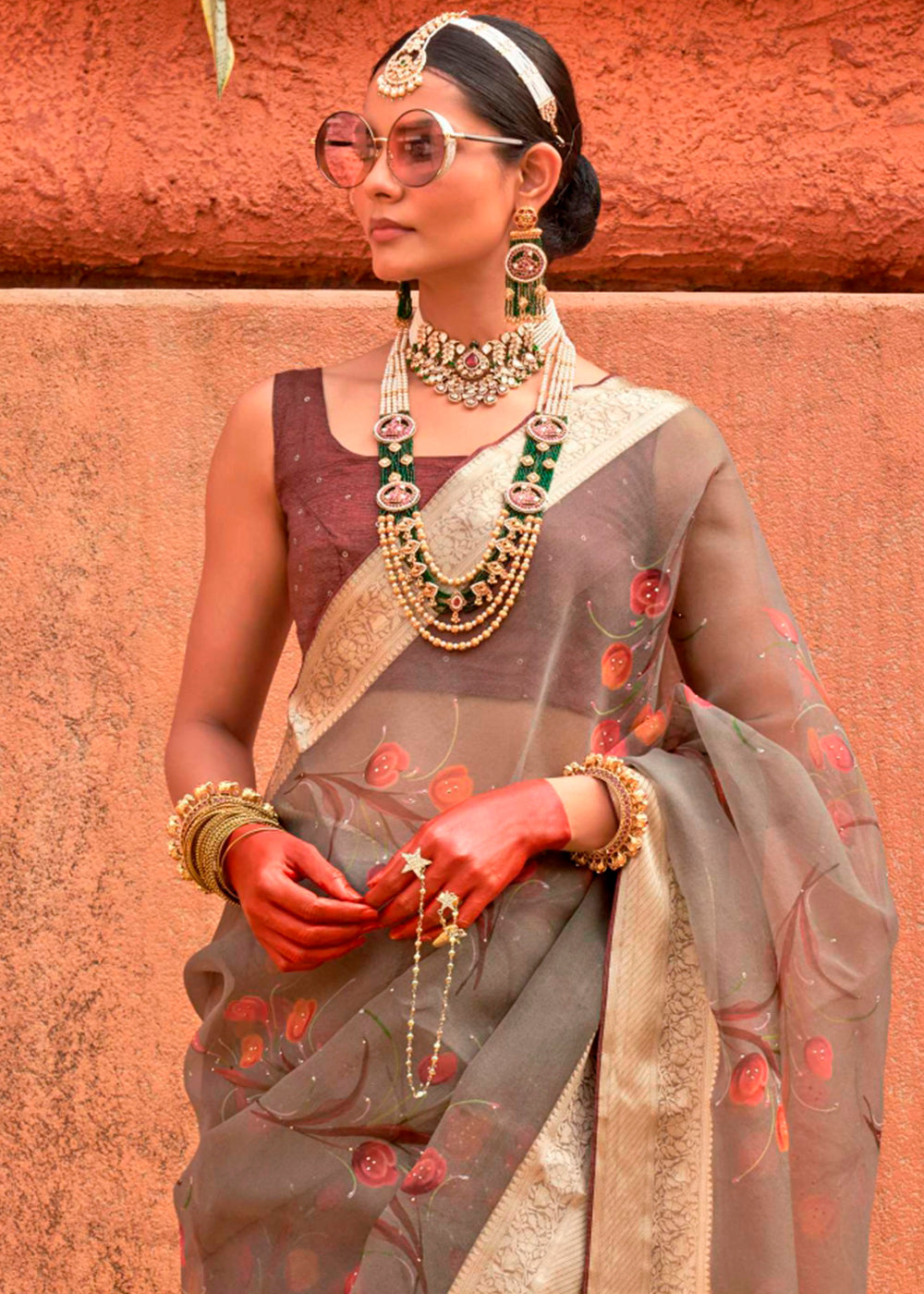 Greyish Brown Floral Printed Designer Organza Silk Saree