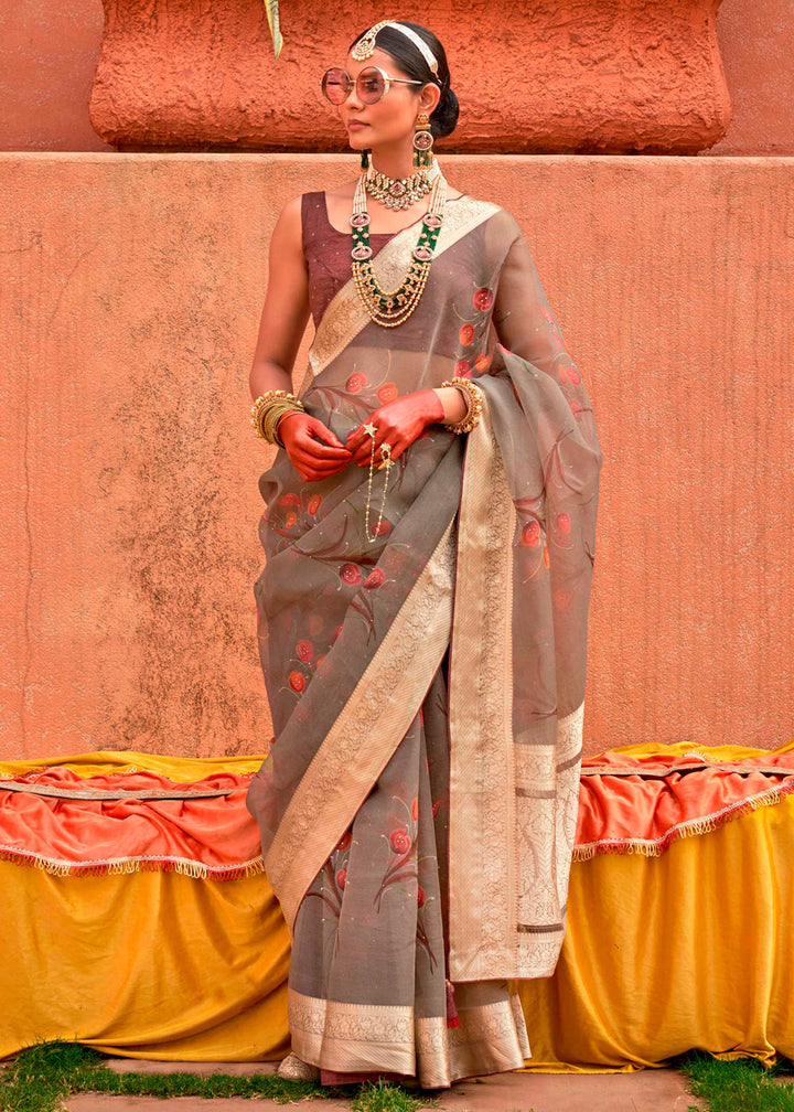 Greyish Brown Floral Printed Designer Organza Silk Saree