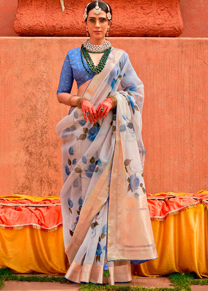 Sky Blue Floral Printed Designer Organza Silk Saree