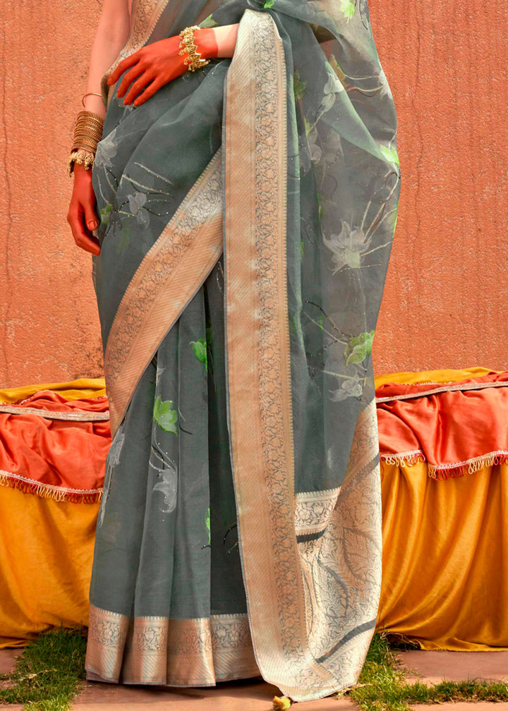 Steel Grey Floral Printed Designer Organza Silk Saree