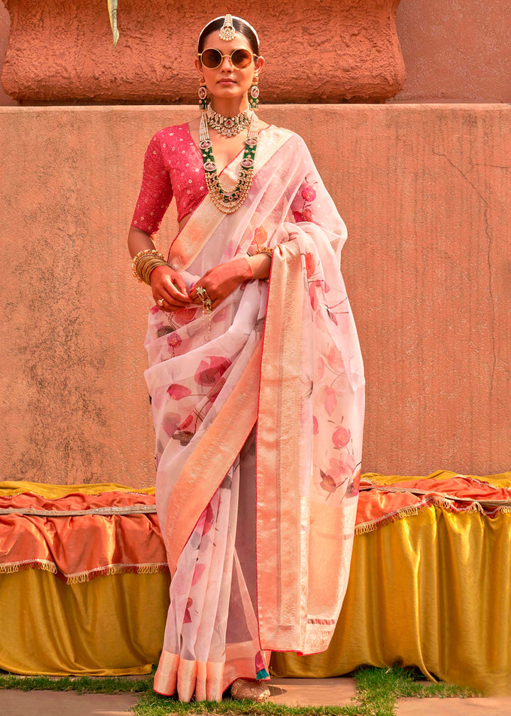 Lace Pink Floral Printed Designer Organza Silk Saree