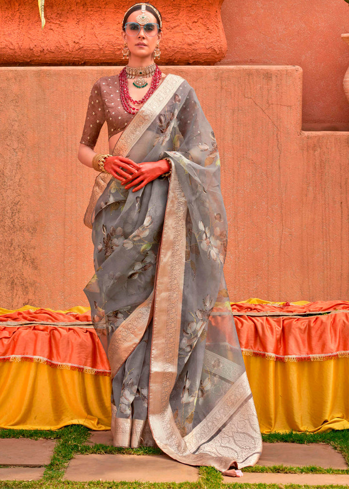 Nobel Grey Floral Printed Designer Organza Silk Saree