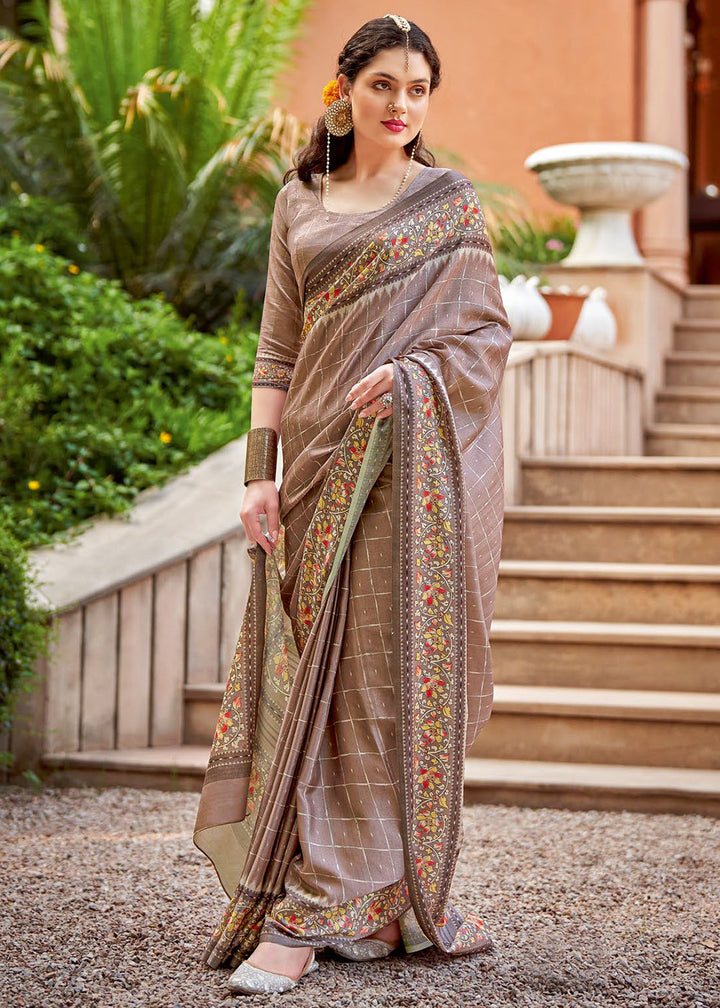 Taupe Brown Designer Printed Silk Saree