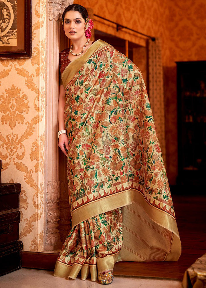 Beige Brown Floral Printed Manipuri Silk Saree