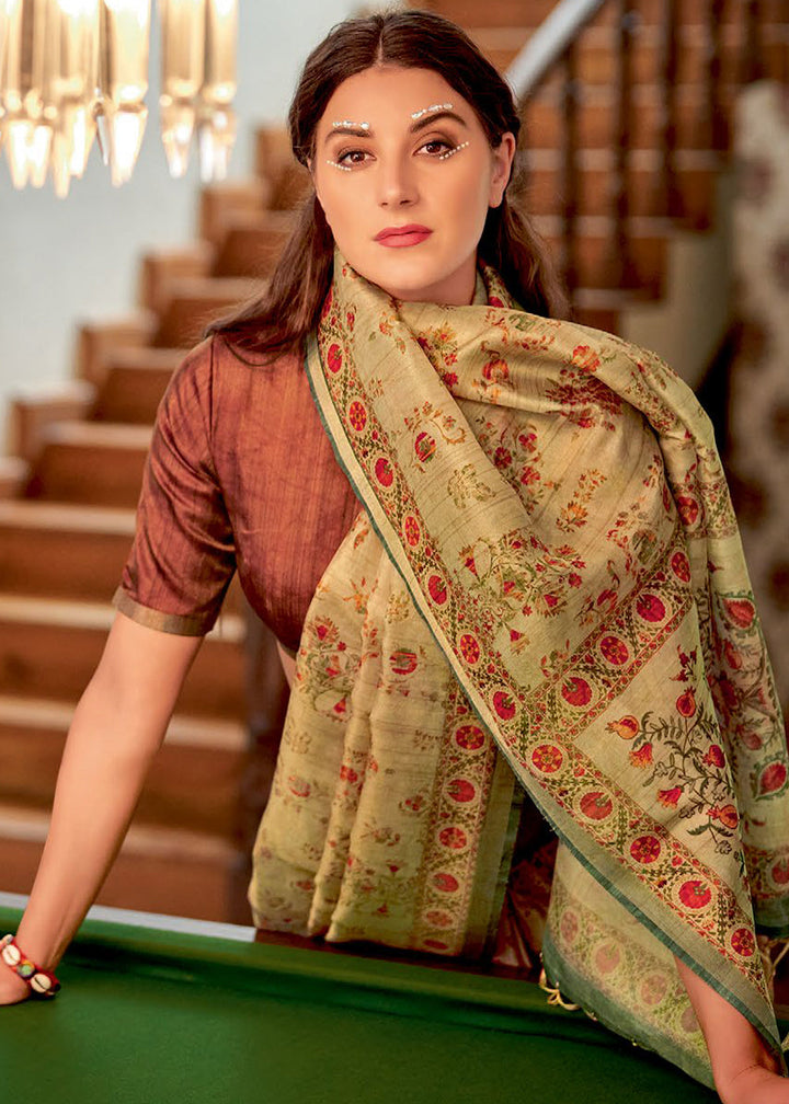 Light Brown Designer Printed Silk Saree