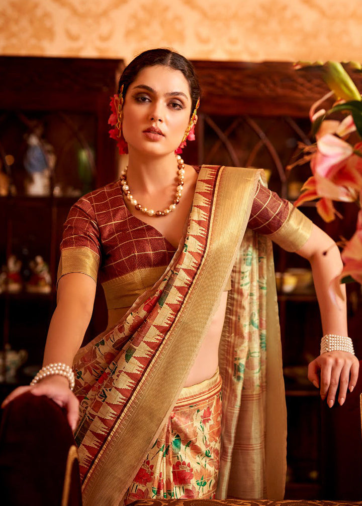 Beige Brown Floral Printed Manipuri Silk Saree