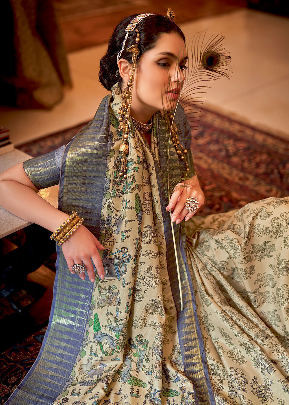 Blue & White Printed Silk Saree