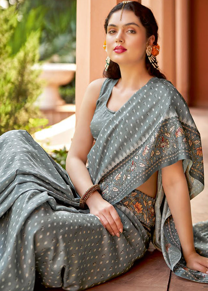 Light Blue Grey Designer Printed Silk Saree