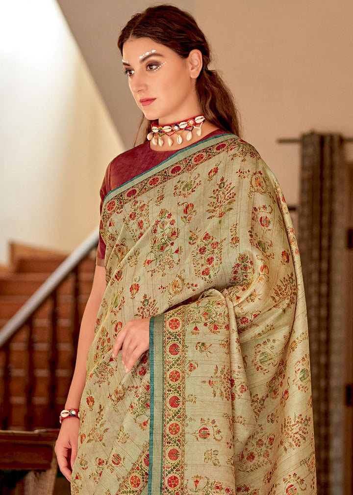 Light Brown Designer Printed Silk Saree