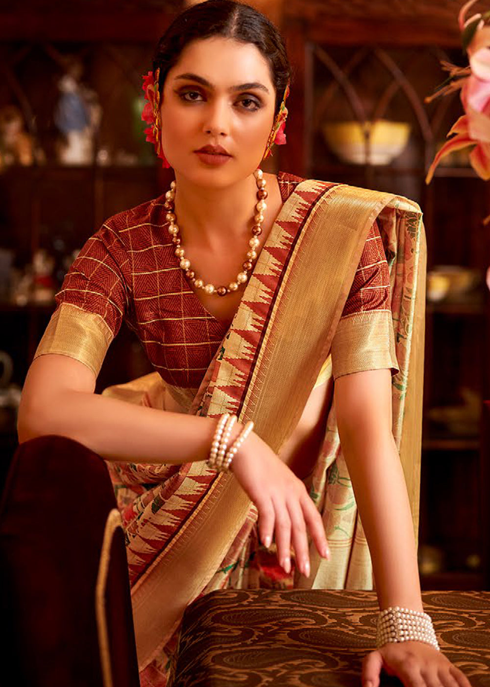 Beige Brown Floral Printed Manipuri Silk Saree