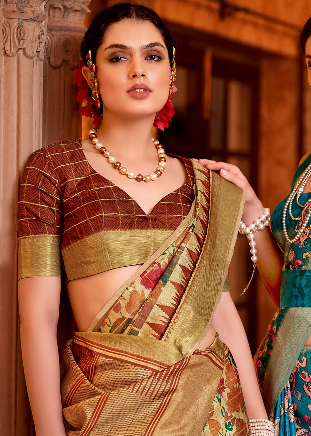 Beige Brown Floral Printed Manipuri Silk Saree