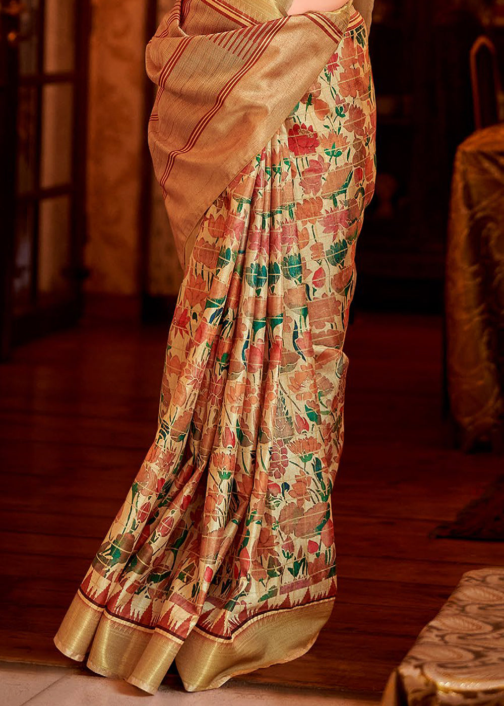 Beige Brown Floral Printed Manipuri Silk Saree