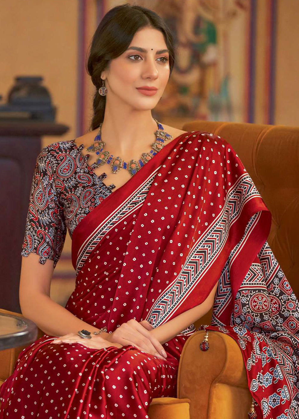 Crimson Red Ajrakh Printed Satin Crepe Saree:Summer Collection