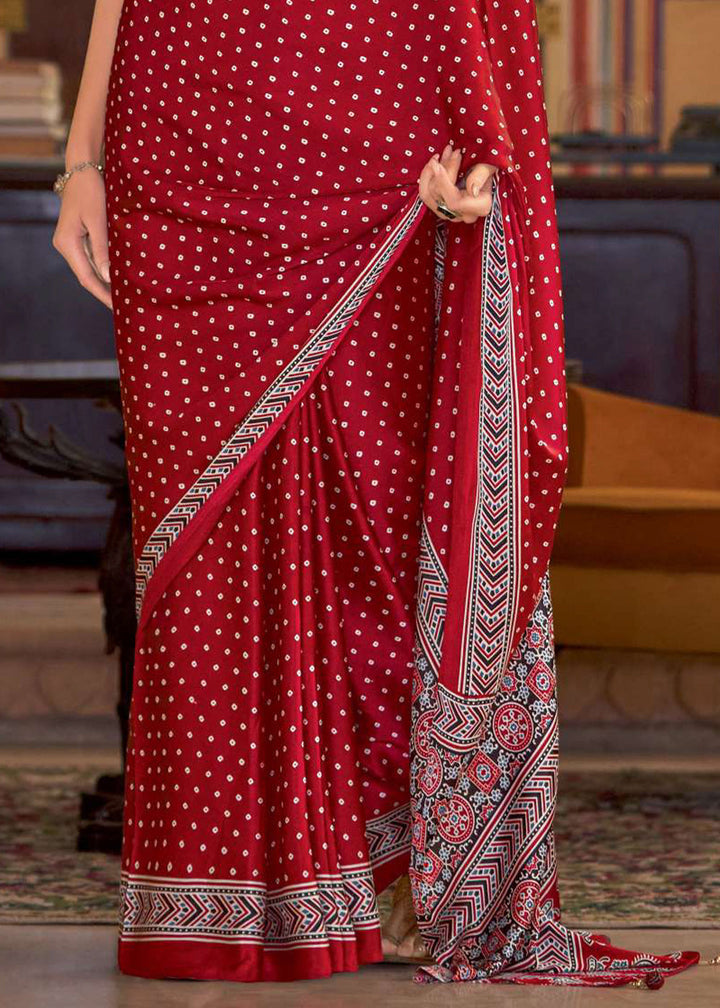 Crimson Red Ajrakh Printed Satin Crepe Saree:Summer Collection