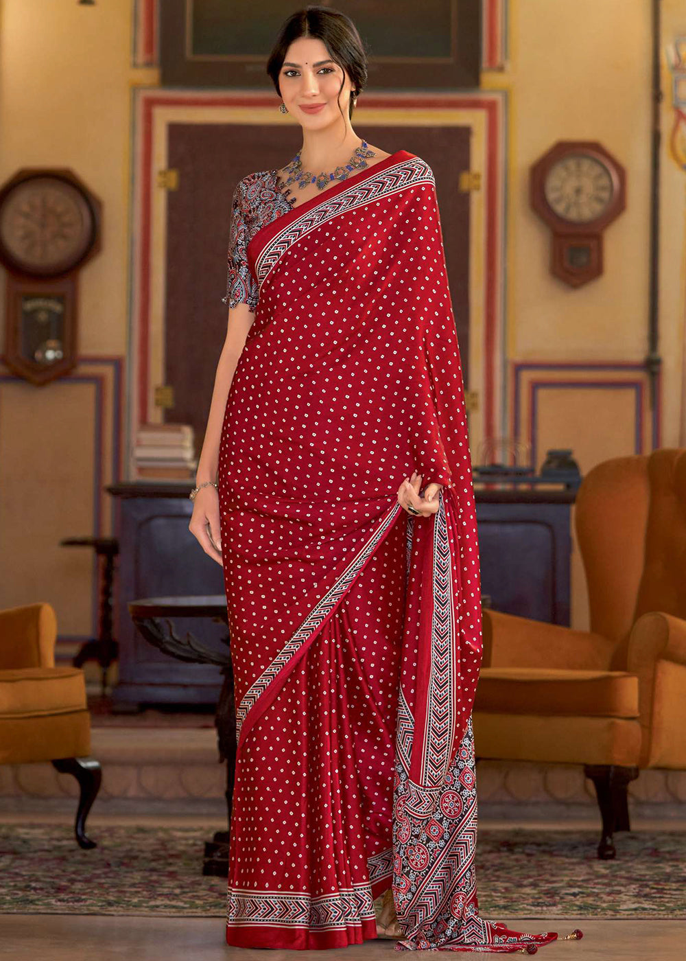 Crimson Red Ajrakh Printed Satin Crepe Saree:Summer Collection