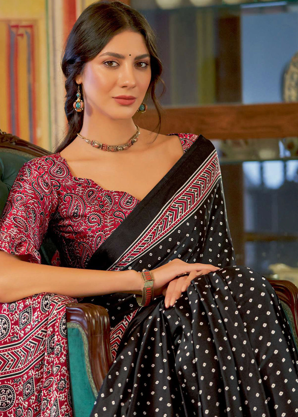 Onyx Black Ajrakh Printed Satin Crepe Saree:Summer Collection