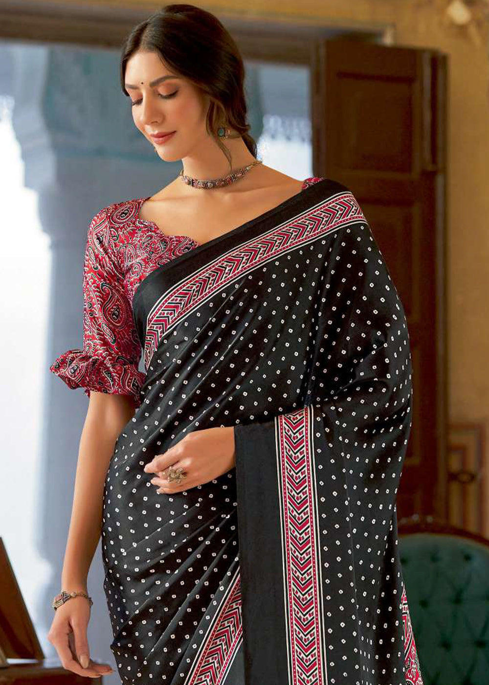 Onyx Black Ajrakh Printed Satin Crepe Saree:Summer Collection