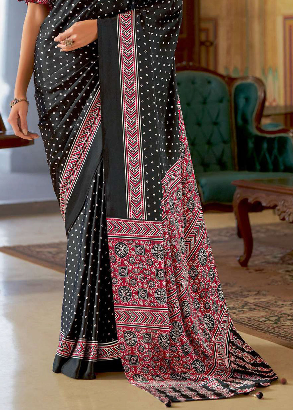 Onyx Black Ajrakh Printed Satin Crepe Saree:Summer Collection