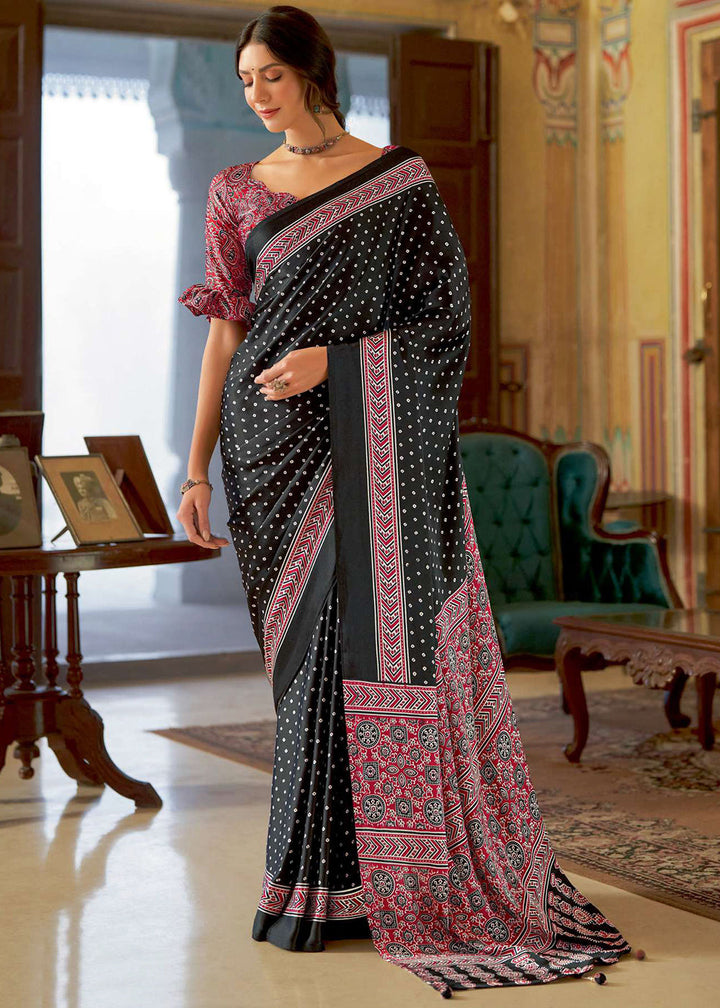 Onyx Black Ajrakh Printed Satin Crepe Saree:Summer Collection