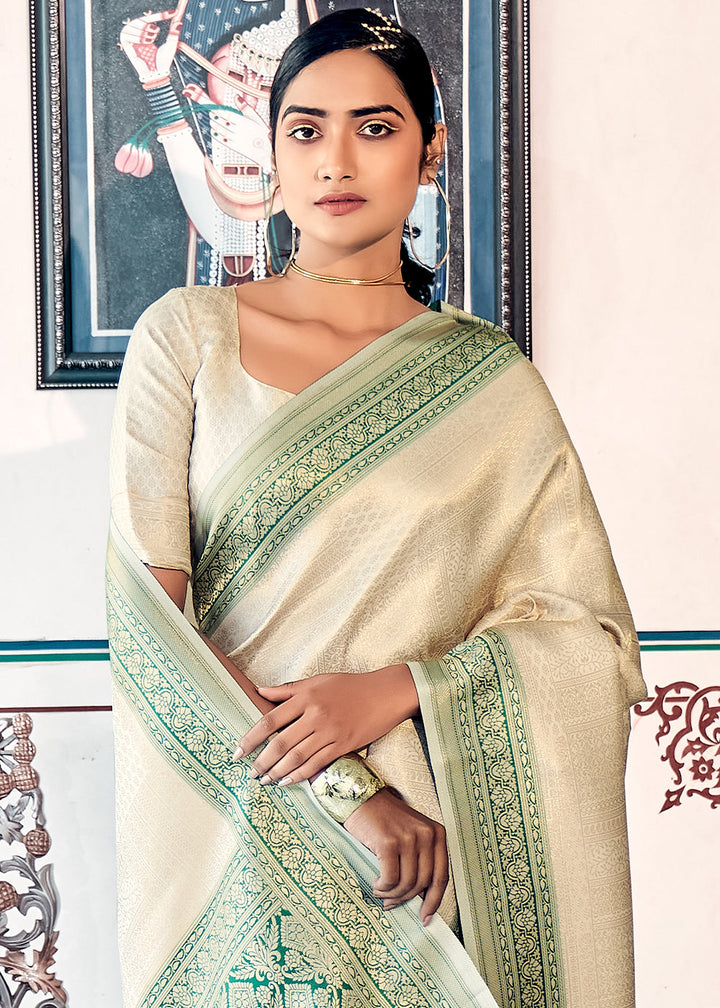 Off White & Green Zari Woven Kanjivaram Silk Saree