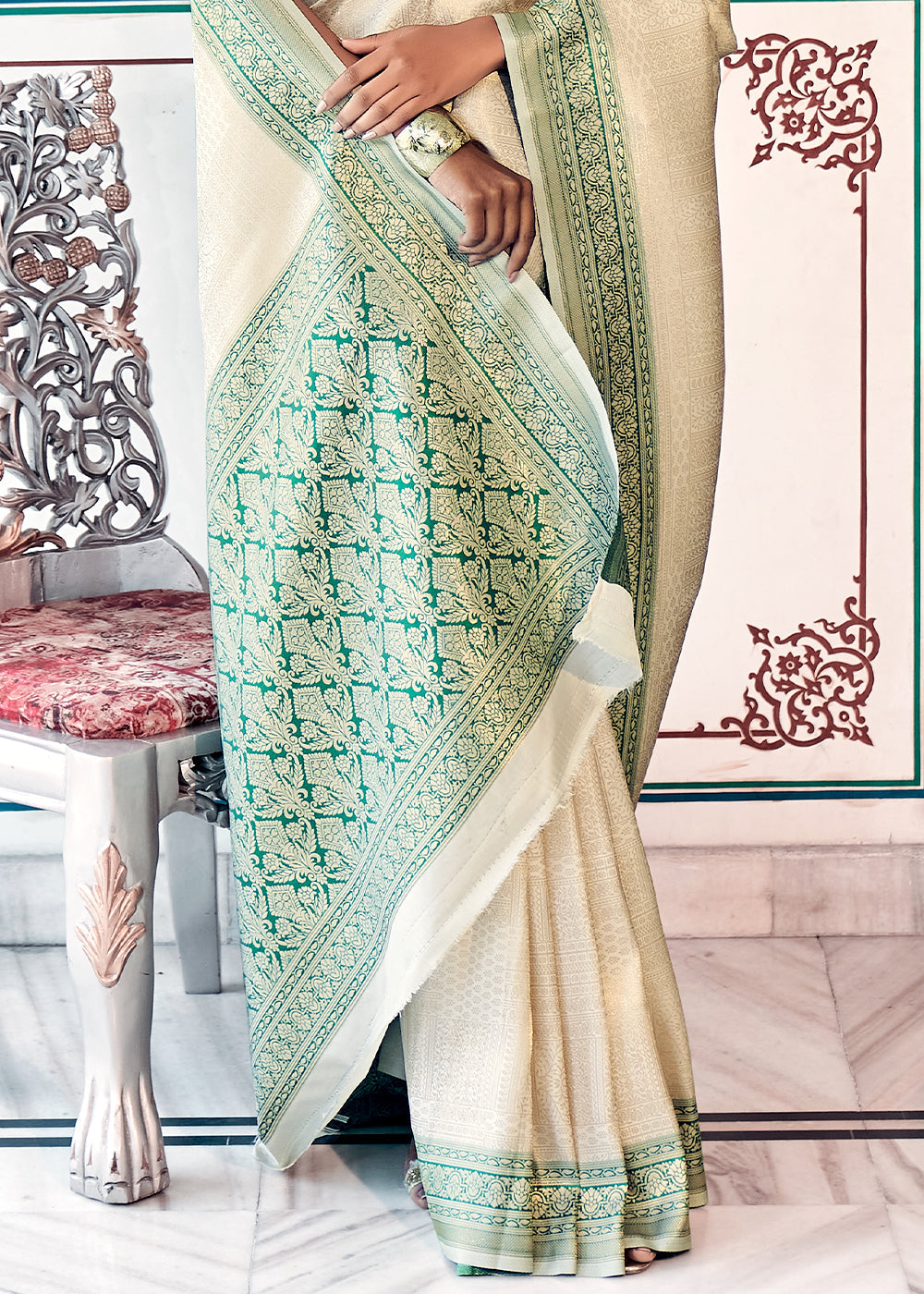 Off White & Green Zari Woven Kanjivaram Silk Saree