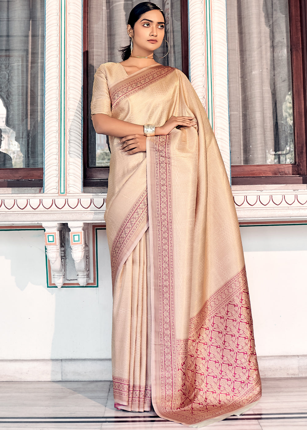 Beige Brown & Purple Zari Woven Kanjivaram Silk Saree