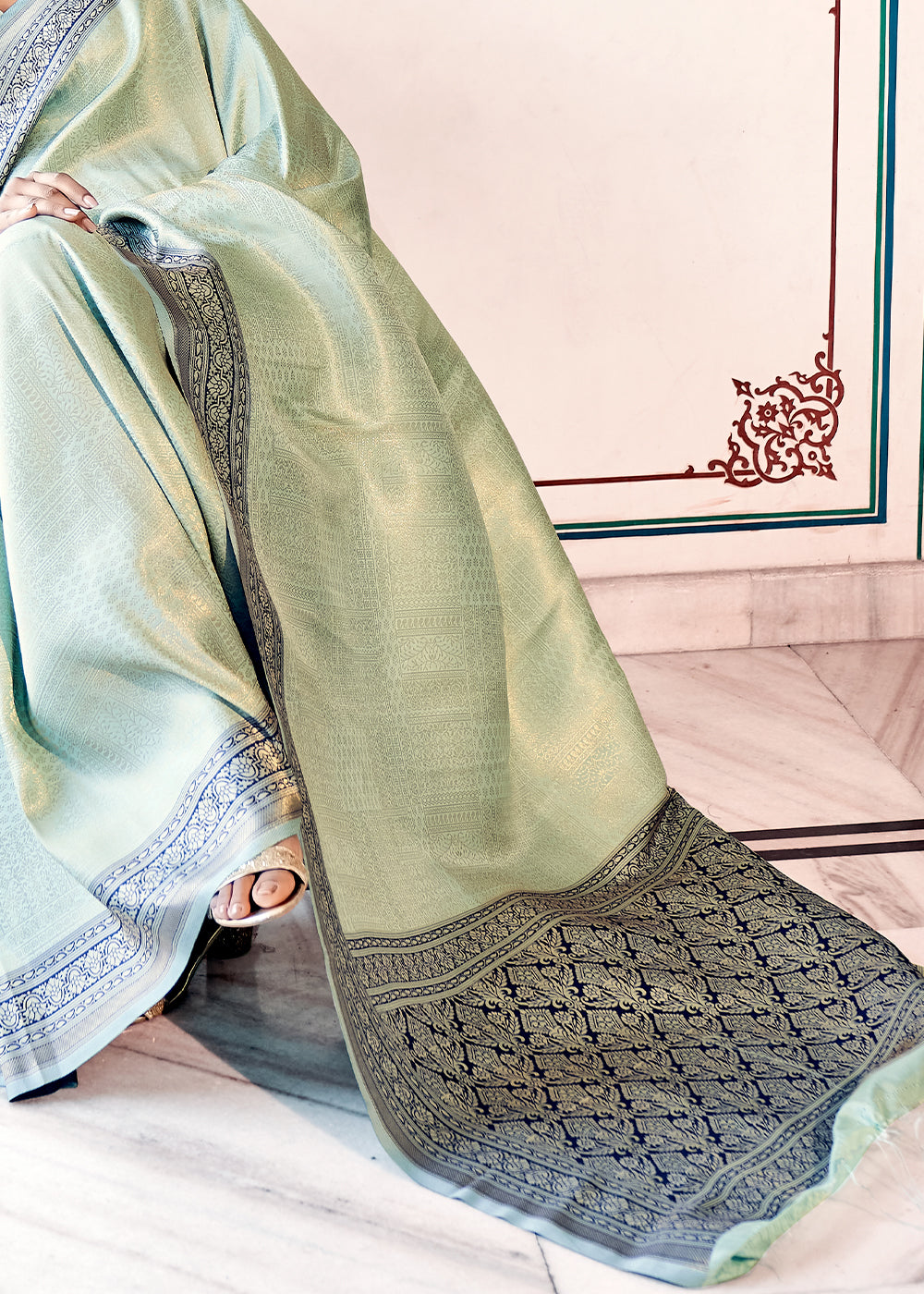 Light Pastel Green & Blue Zari Woven Kanjivaram Silk Saree