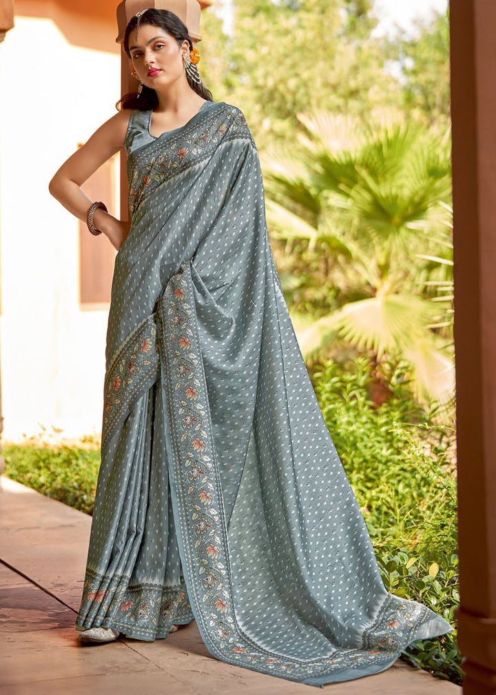 Light Blue Grey Designer Printed Silk Saree