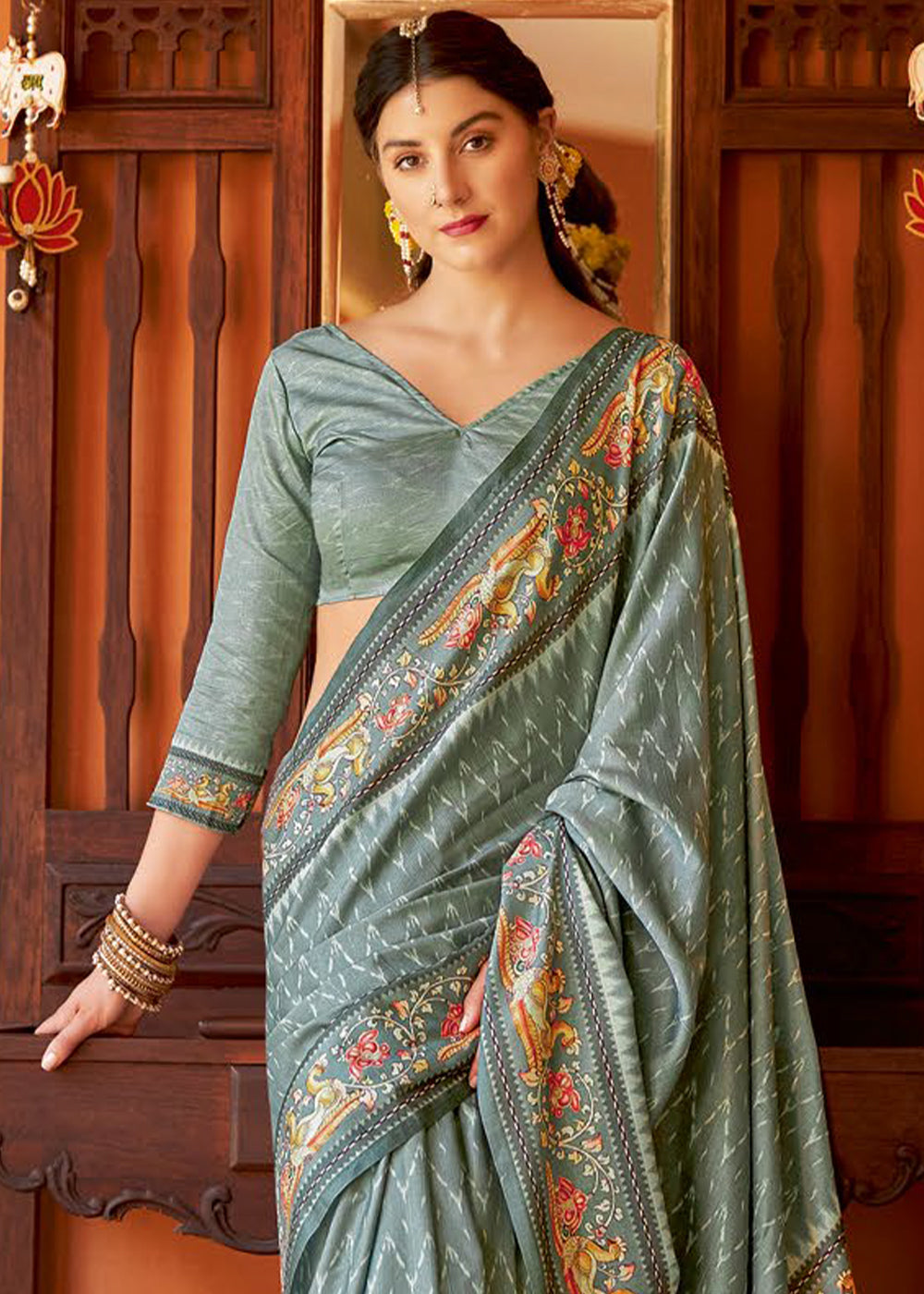 Sage Green Designer Printed Silk Saree