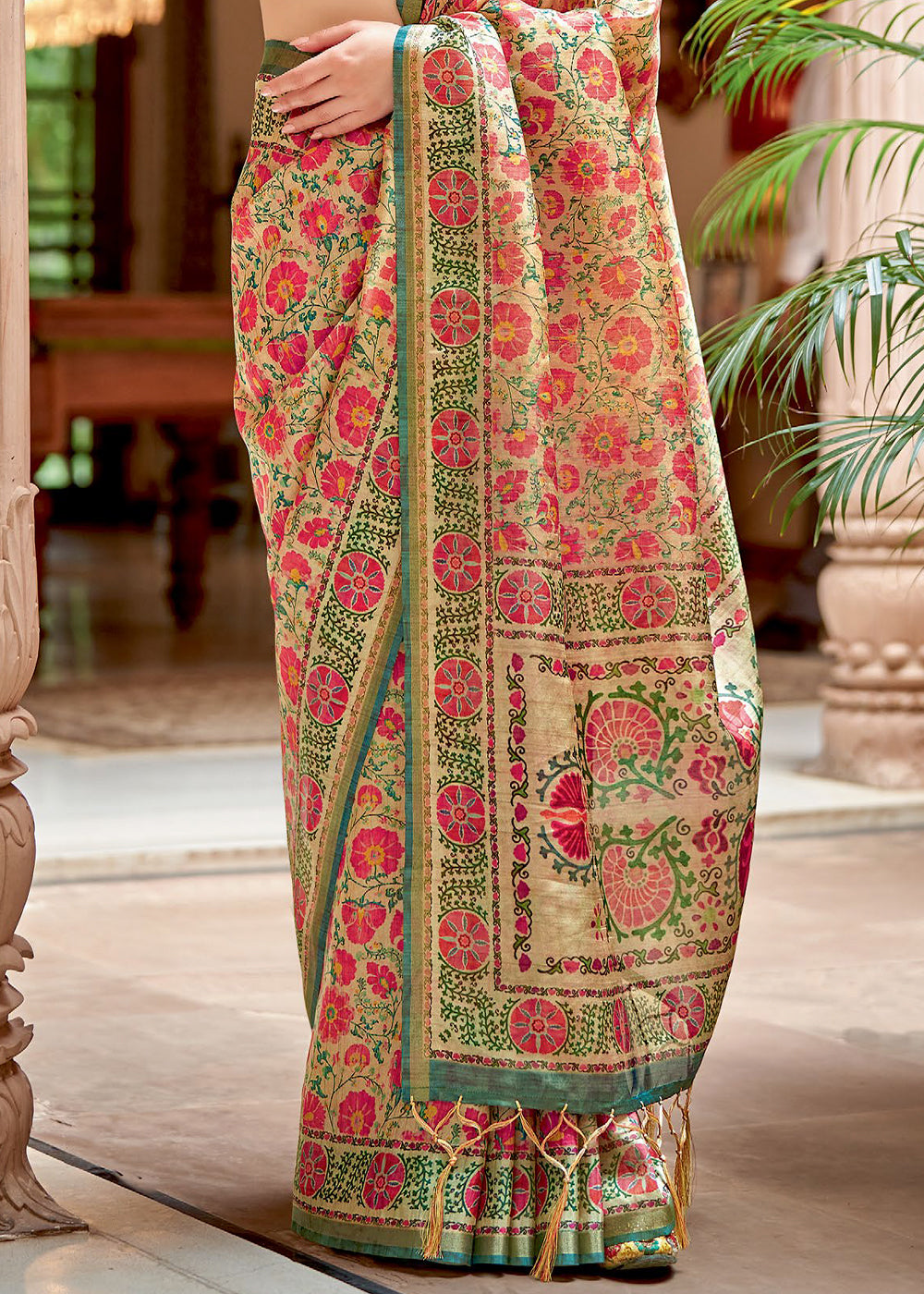 Beige White & Pink Designer Printed Silk Saree