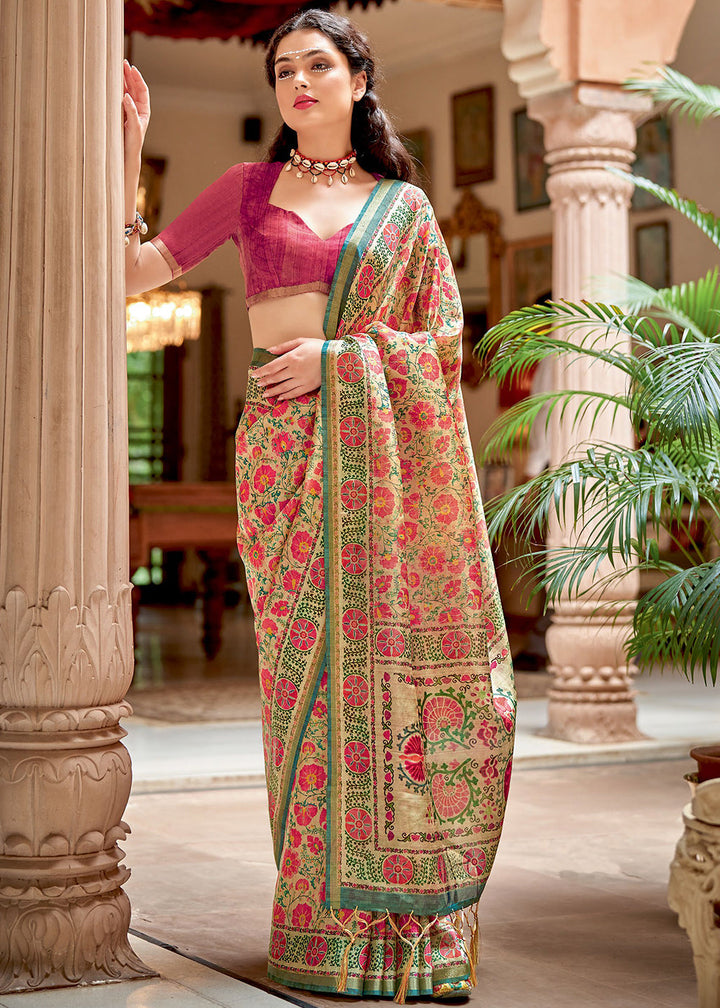 Beige White & Pink Designer Printed Silk Saree