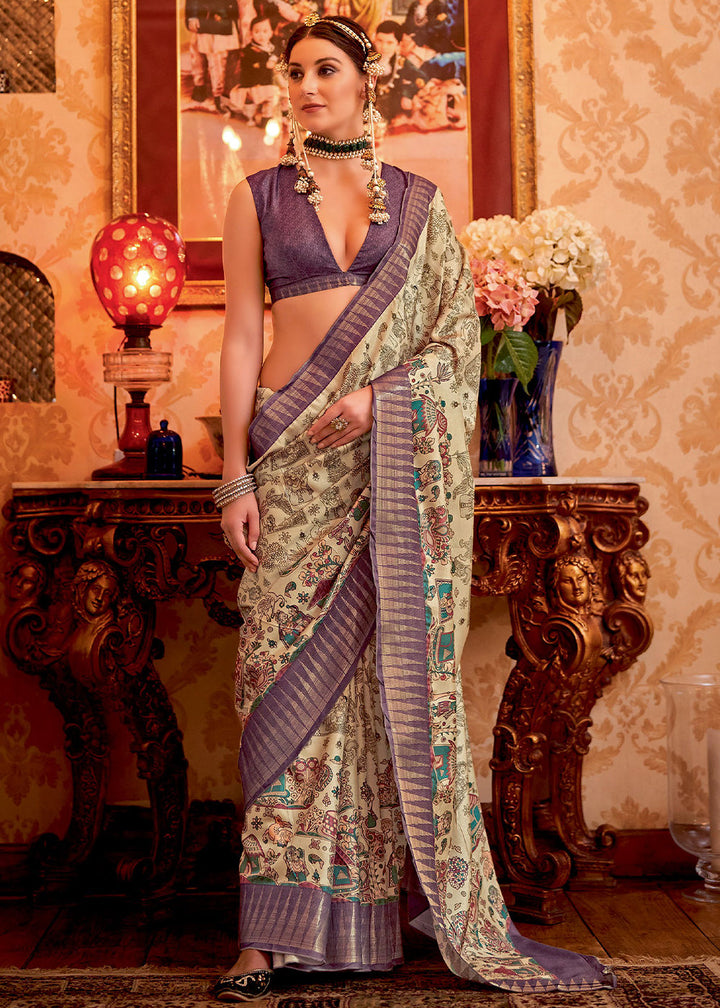 Purple & White Printed Silk Saree