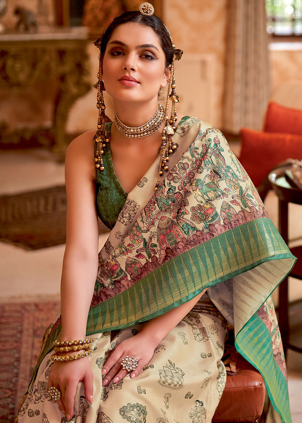 Green & White Printed Silk Saree