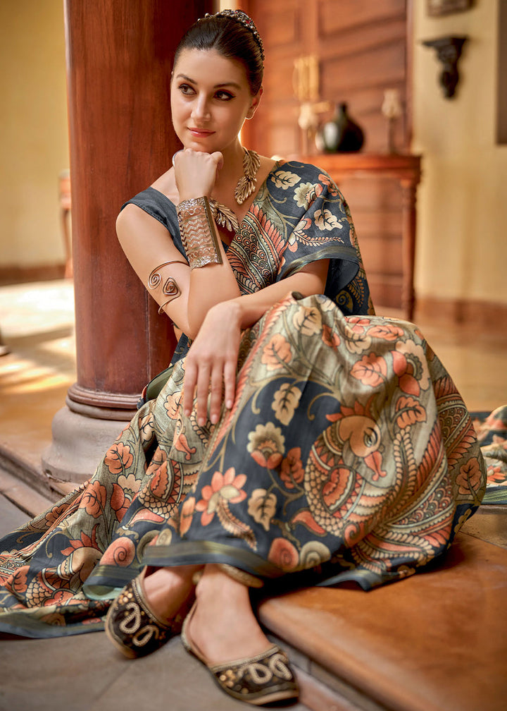 Fiord Grey Kalamkari Printed Soft Silk Saree